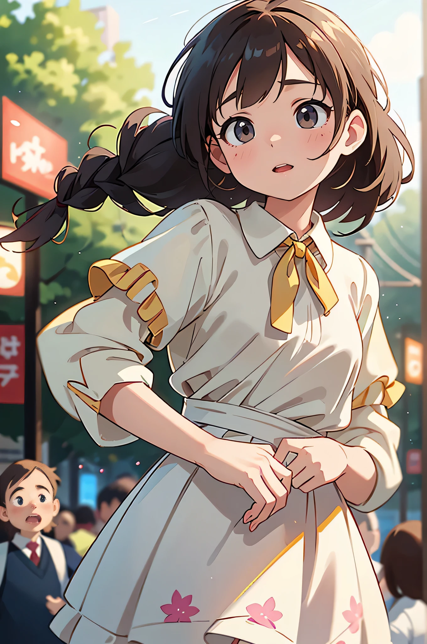 highest quality, Realistic, 1people girl, woman,(Skin dents), Mid-chest, (bright), (Professional Lighting, Bokeh), (street), people々, crowd, Braided bangs, (blouse:1.5), (I wore:0.8), nice, bloom, Floating Hair, (Dynamic pose:0.6) , Soft lighting,