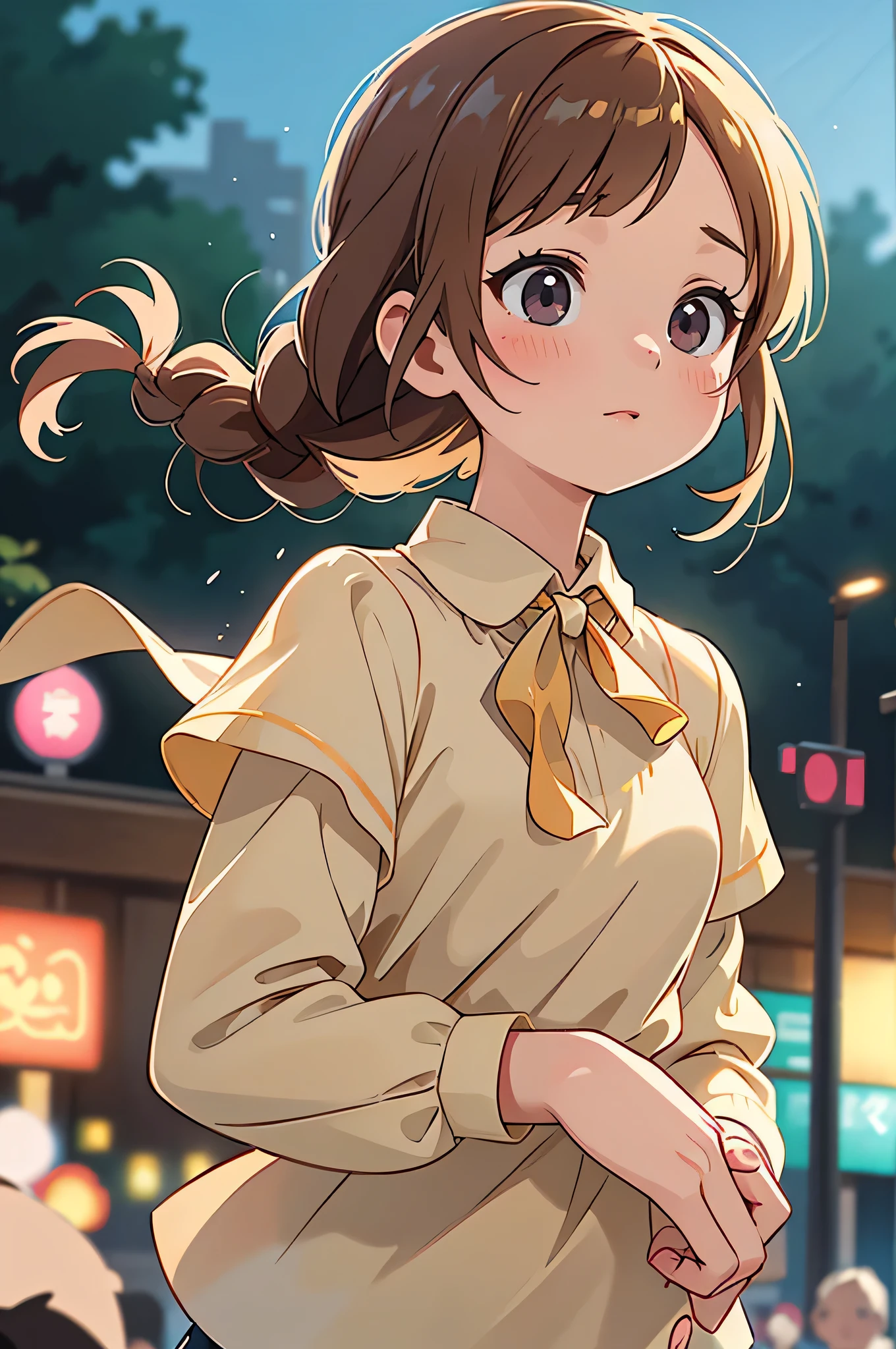 highest quality, Realistic, 1people girl, woman,(Skin dents), Mid-chest, (bright), (Professional Lighting, Bokeh), (street), people々, crowd, Braided bangs, (blouse:1.5), (I wore:0.8), nice, bloom, Floating Hair, (Dynamic pose:0.6) , Soft lighting,