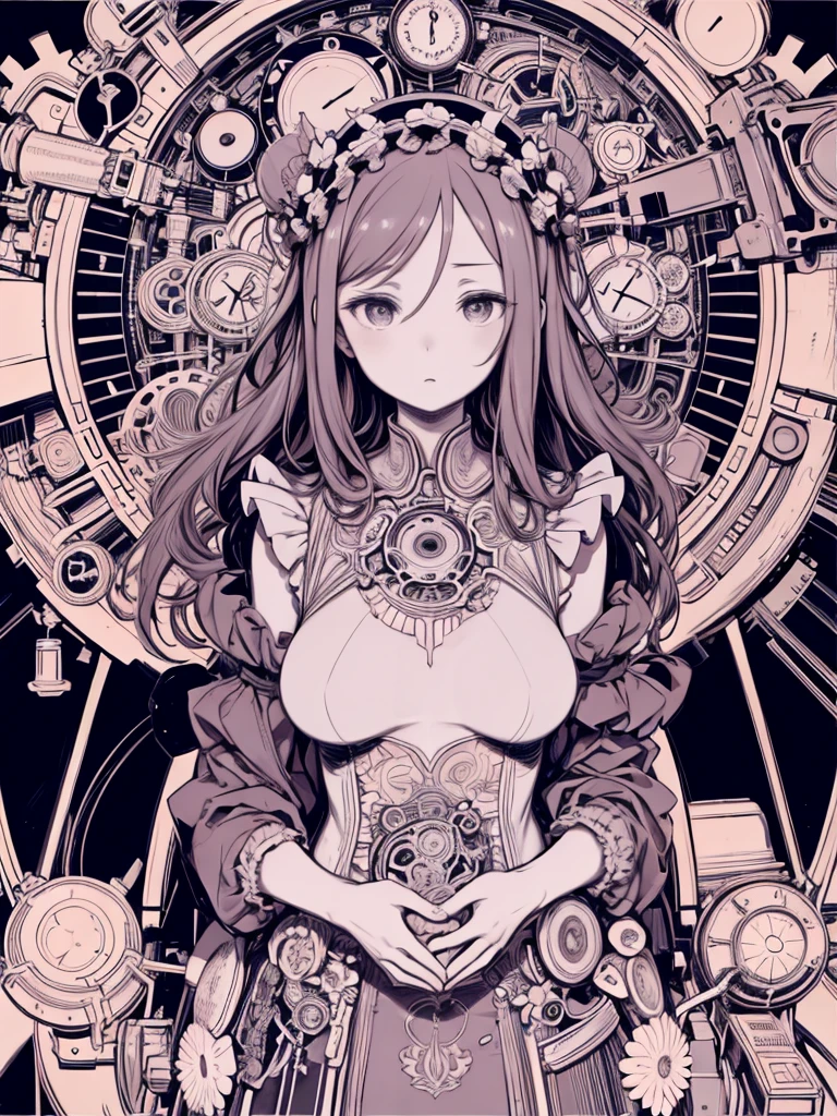 masterpiece、highest quality、High resolution、Very detailed、Beautiful eyeedium wide shot、((((Flat Color))))、Mature Woman、Big Breasts、beautiful、Anxious expression、Countless large gears、inside clock、Inside the machine、Twisting the body、Bring your hands together in front of your chest、