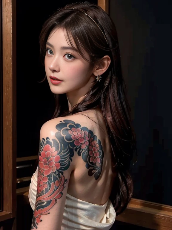 (highest quality,High resolution:1.2), (Realistic:1.4),Low Angle Portrait, close, View from behind, Yakuza girl bathing in hot spring,View the viewer,Detailed face,Beautiful and exquisite grey-blue eyes,Beautiful lip detail,Captivating smile,Eyebrows are neatly trimmed,Long eyelashes, Perfect beautiful face、Soft Skin、Perfect Face, Beautiful Skin ,Natural blush,Slim posture, Exposed shoulders,Intricate, detailed and vibrant tattoo on the back of the body,Elegant and exquisite jewelry,Delicate necklace and earrings,traditional hair accessories, red hair with bangs,Shining Jewels,Soft and flawless makeup,Soft and natural lighting,Subtle shadows on face,Vibrant colors that shine,Realistic rendering, Photon Mapping, Fog and dramatic atmosphere