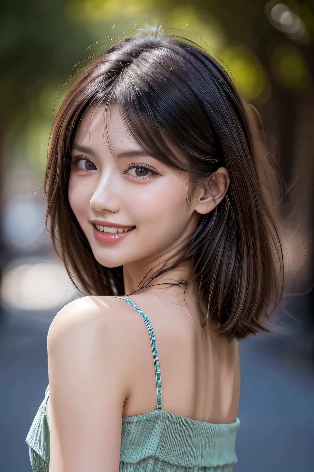 (8k, RAW Photos, highest quality, masterpiece, Realistic, Realistic), (1 female), (Ultimate beauty), Highly detailed face, (Perfect Teeth), Beautiful Eyes, double eyelid, eyelash, smile, Lip details, (Neat brunette bob), The light shines on your face, Big Breasts, ((Colorful mini dresses)), (Front view), (background: none),  Background blur