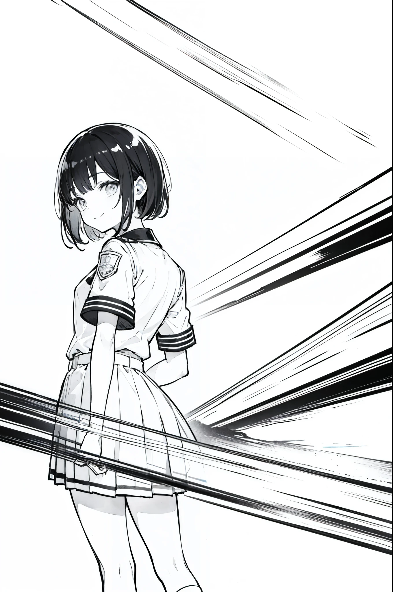 Black and white line art style,High ponytail on the left,Short Hair, Back Angle,Turn back,smile、uniform、high school girl,solo、one person、(Simple Background)