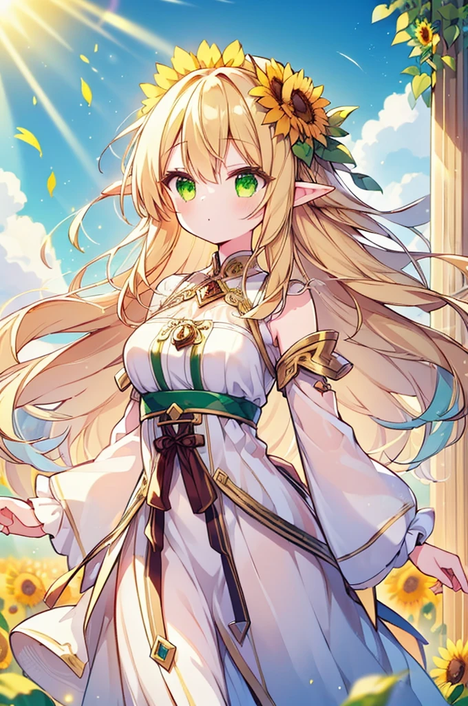 (masterpiece, best quality, highres:1.3), ultra resolution image, (1girl), (solo), kawaii, blonde hair, long flowing hair, elf, emerald eyes, gentle breeze, sunflowers, sunflower field, petal, sparkling magic, (soft sunlight:1.3), fantasy, nature accessories, happy