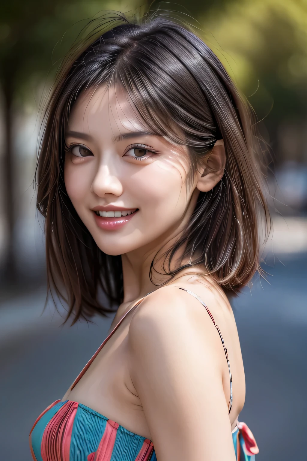 (8k, RAW Photos, highest quality, masterpiece, Realistic, Realistic), (1 female), (Ultimate beauty), Highly detailed face, (Perfect Teeth), Beautiful Eyes, double eyelid, eyelash, smile, Lip details, (Neat brunette bob), The light shines on your face, Big Breasts, ((Colorful mini dresses)), (Front view), (background: none),  Background blur