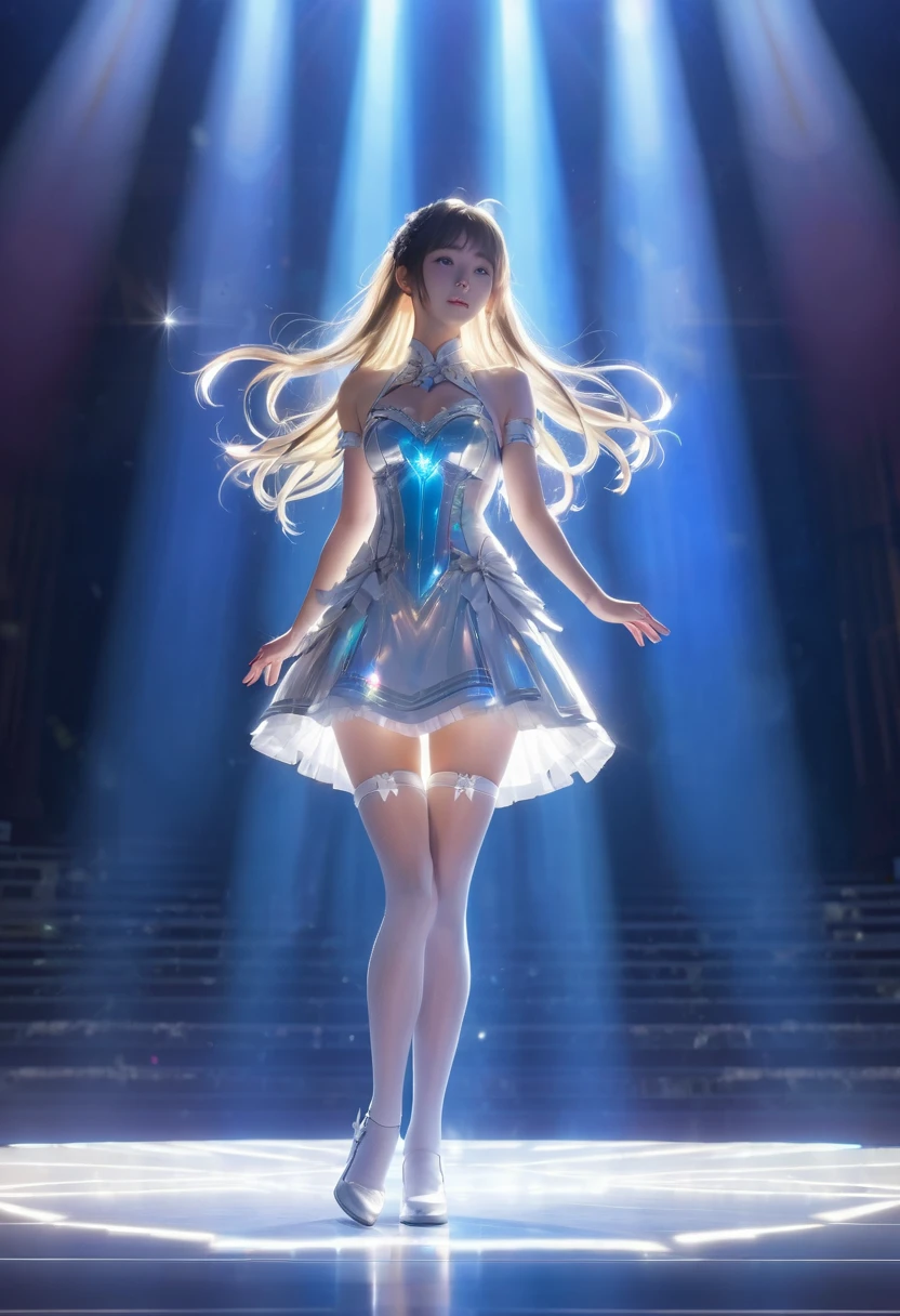 Idol Stage, idol dress, aesthetic, extremely detailed, masterpiece, best quality, Tyndall effect, light beams, stage lights, 1girl, solo, long hair, thighhighs, on stage, looking up, light scattering, volumetric lighting, spotlights, rays, atmosphere, octane render, 8k
