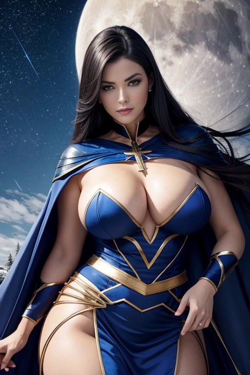 super villain,mature woman with black hair and blue eyes, detailed face , straight hair, sexy, curvy, tall, white woman, dress with cape, desing with christian cross , , background in night snow, big moon behinde
