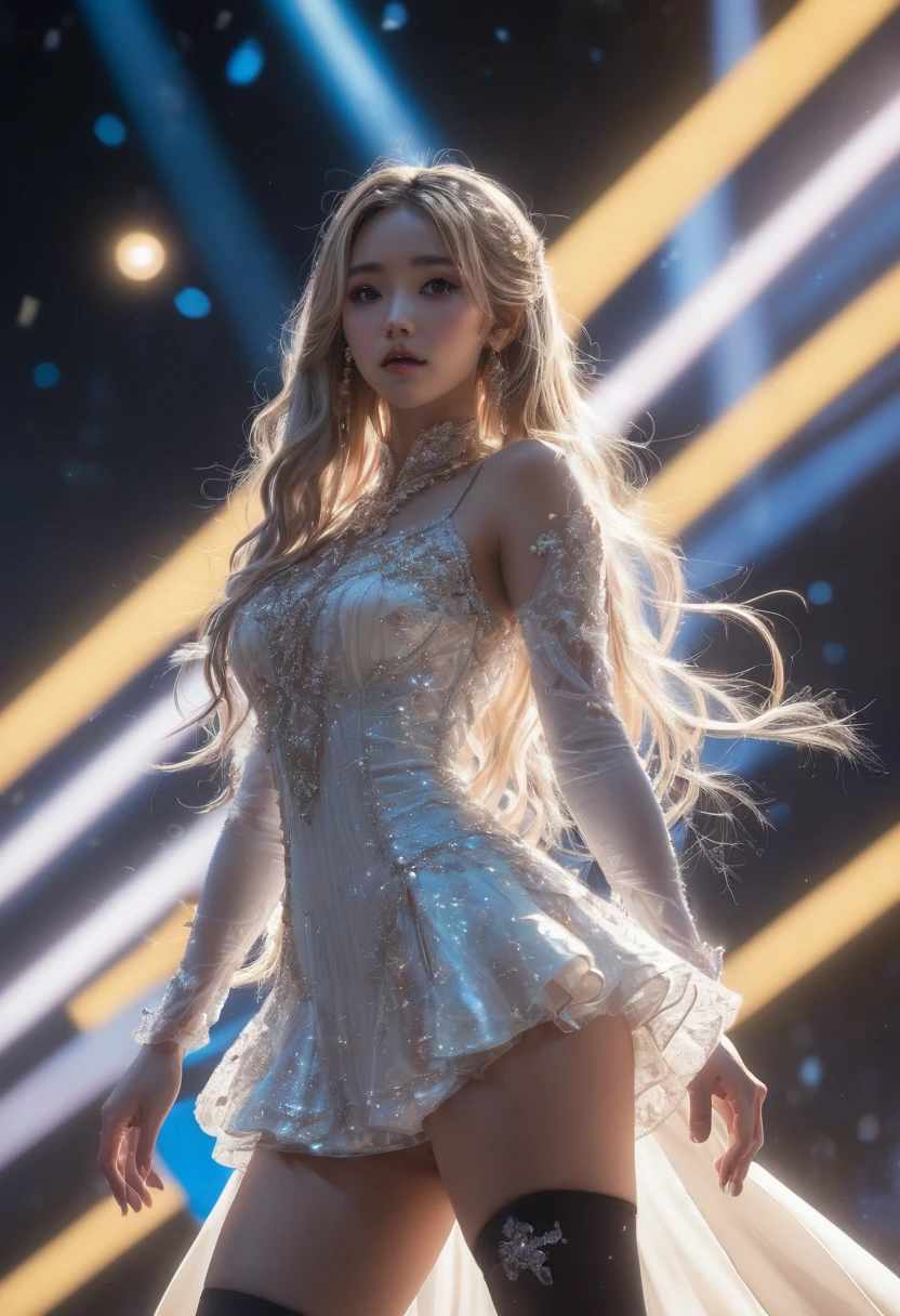 Idol Stage, idol dress, aesthetic, extremely detailed, masterpiece, best quality, Tyndall effect, light beams, stage lights, 1girl, solo, long hair, thighhighs, on stage, looking up, light scattering, volumetric lighting, spotlights, rays, atmosphere, octane render, 8k