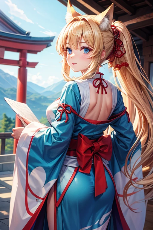 youth　one person　Long blonde　Kemomimi　Blue Eyes　Shrine maiden costume　Back view　Turning around　Dancing　Domestic　torii　night　Fox fire all around　