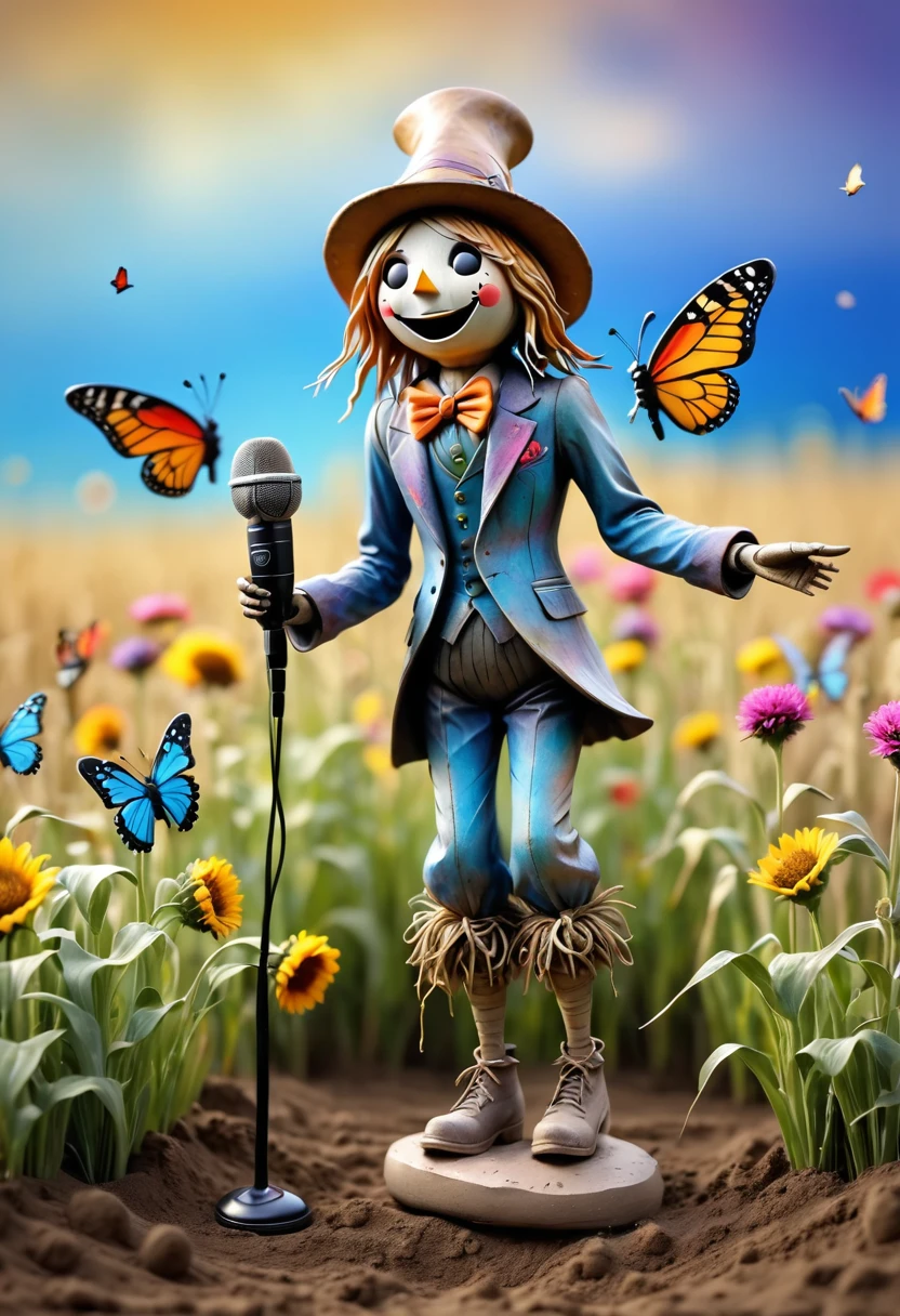 (best quality:1.2),ultra-light Clay, Clay, Pottery,  distressed, dirty, mineral pigments, 3D Clay sculpture art, Clay sculpture, Rough surface, (artwork，Several singing scarecrows in the field。Hold the microphone，Long legs，Interesting concept art,)，Colorful butterflies flying in the sky,Bokeh，Gentle and beautiful pictures