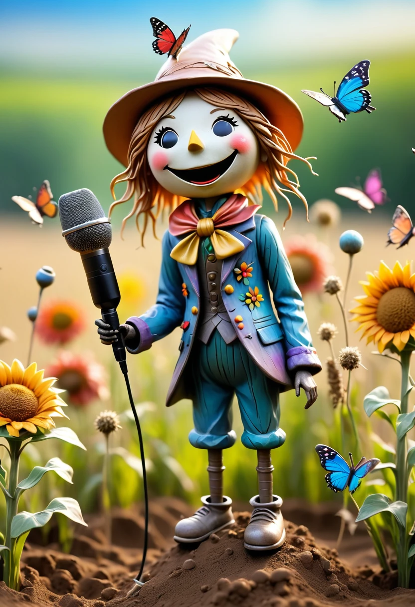 (best quality:1.2),ultra-light Clay, Clay, Pottery, distressed, dirty, mineral pigments, 3D Clay sculpture art, Clay sculpture, Rough surface, (artwork,Several singing scarecrows in the field。Hold the microphone,Long legs,Interesting concept art,),Colorful butterflies flying in the sky,Bokeh,Gentle and beautiful pictures