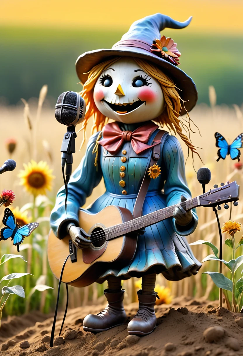 (best quality:1.2),ultra-light Clay, Clay, Pottery,  distressed, dirty, mineral pigments, 3D Clay sculpture art, Clay sculpture, Rough surface, (artwork，Several singing scarecrows in the field。Hold the microphone，Long legs，Interesting concept art,)，Colorful butterflies flying in the sky,Bokeh，Gentle and beautiful pictures