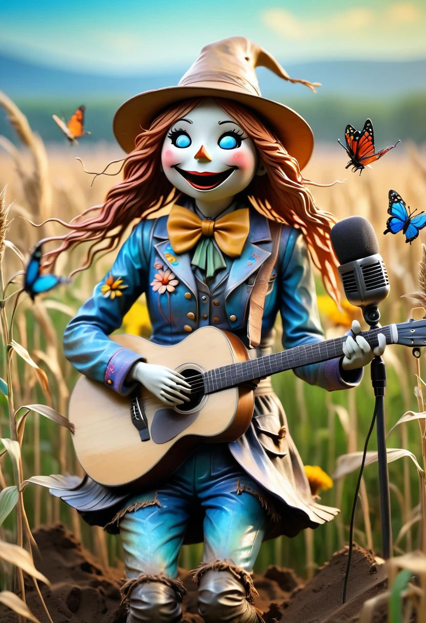 (best quality:1.2),ultra-light Clay, Clay, Pottery,  distressed, dirty, mineral pigments, 3D Clay sculpture art, Clay sculpture, Rough surface, (artwork，Several singing scarecrows in the field。Hold the microphone，Long legs，Interesting concept art,)，Colorful butterflies flying in the sky,Bokeh，Gentle and beautiful pictures