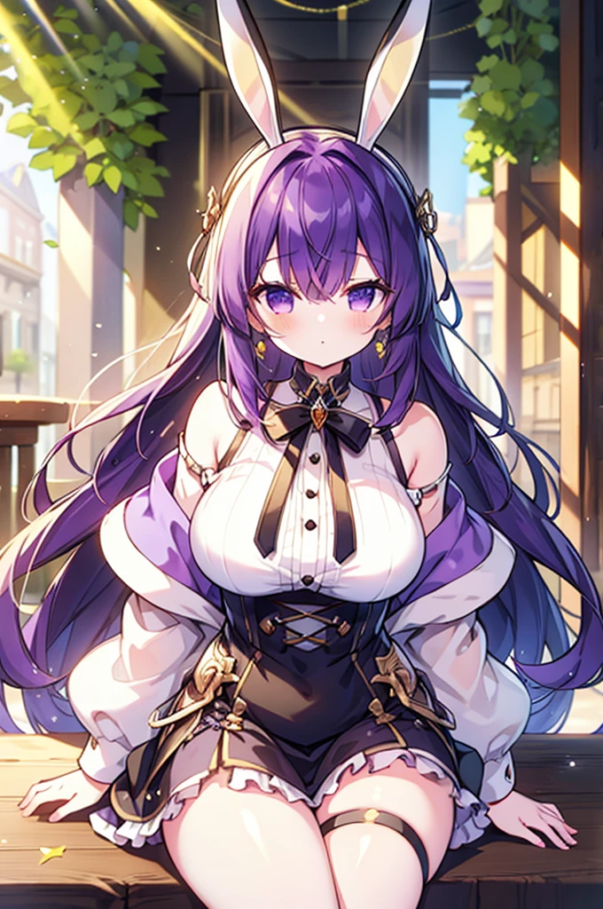 Generate hyper realistic image of a playful woman with bunny ears and an hourglass body, sitting at a table outdoors. Her long, purple hair is adorned with fake animal ears, and her parted bangs frame her face delicately. Dressed in a yellow off-shoulder shirt and a black miniskirt, her earrings glinting in the daylight.