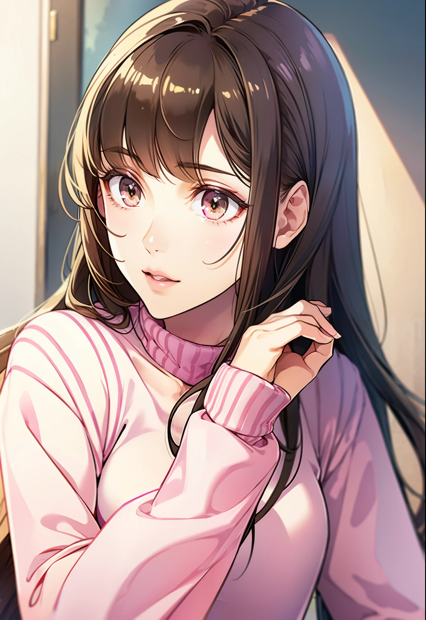 Girl, long soft brown hair, gray eyes, sharp features, white skin, pink lips, pink sweater