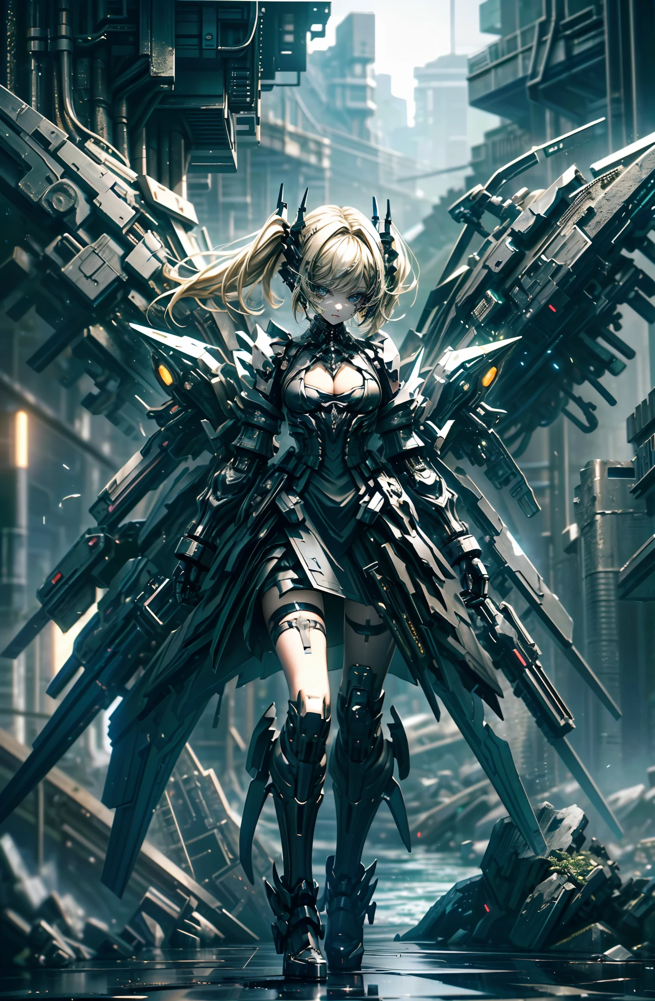super high quality、8K quality、High resolution、Image quality captured with a single-lens reflex camera、(SFW)、Perfect Anatomy、(1. The theme is a mecha girl in a black dress:1.4)Beautiful Mecha Girl、Beautiful blonde 20 year old girl.Green Eyes、(Good shape、Normal chest、Cleavage)、Three-dimensional, realistic black mechanical parts、(Shoulders and legs are exposed:1.2)(Large mechanical unit on the back)、break(Wear a simple black dress、Gothic punk style clothing:1.2)(Elbows and knees are sharp machine parts:1.3)break、(Perfect Anatomy:1.4)break(Back view、Looking back、avert your eyes:1.3)崩breakる世界(Between the cliffs and the sea:1.3)