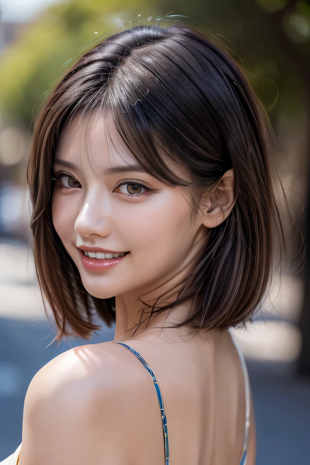 (8k, RAW Photos, highest quality, masterpiece, Realistic, Realistic), (1 female), (Ultimate beauty), Highly detailed face, (Perfect Teeth), Beautiful Eyes, double eyelid, eyelash, smile, Lip details, (Neat brunette bob), The light shines on your face, Big Breasts, ((Colorful mini dresses)), (Front view), (background: none), Background blur