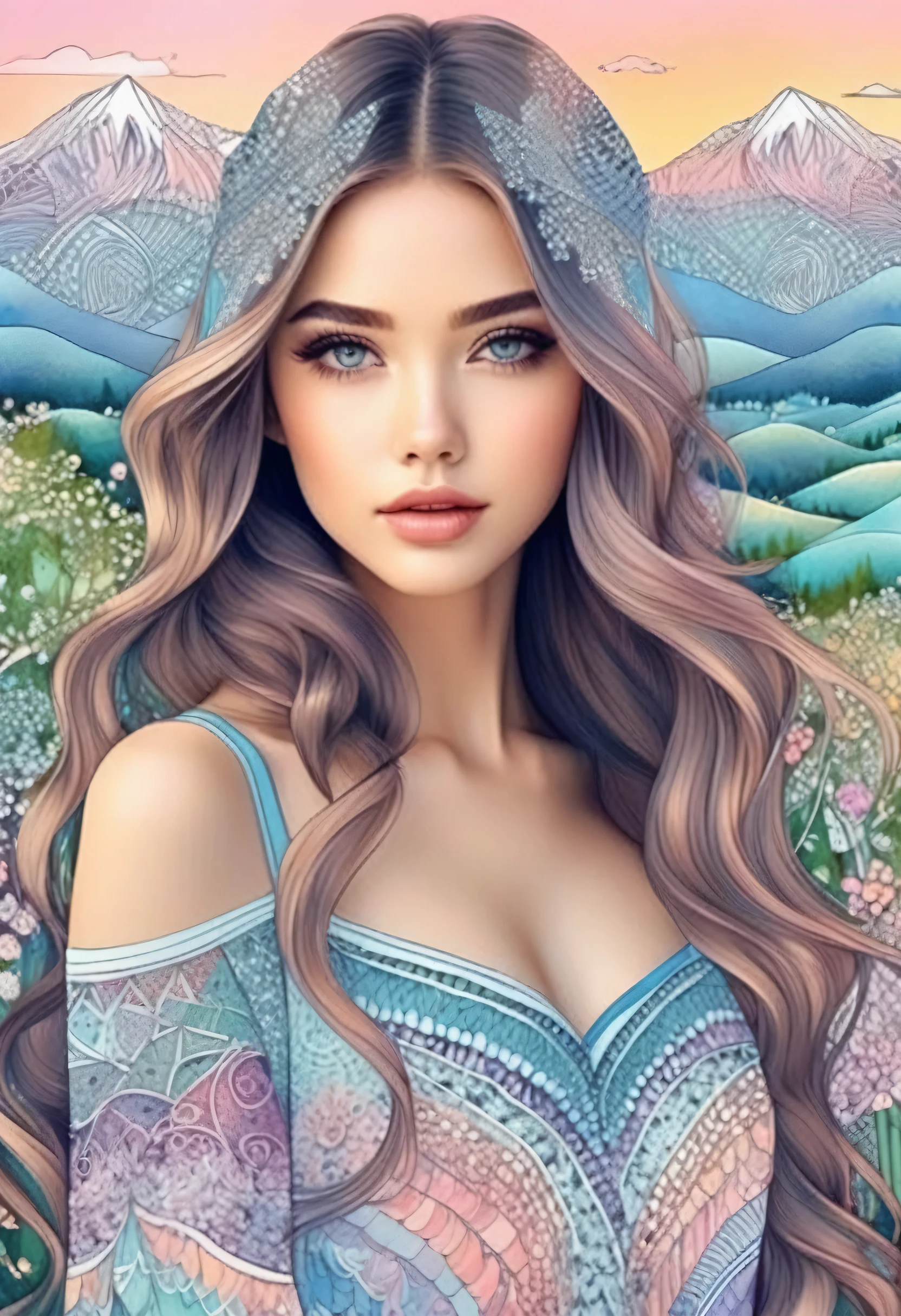 Mariya Pastel Tone, (Zentangle Landscape:1.4), Beautiful girl、Wavy long hair、Sparkling Eyes、Detailed Description、Ultra high definition、