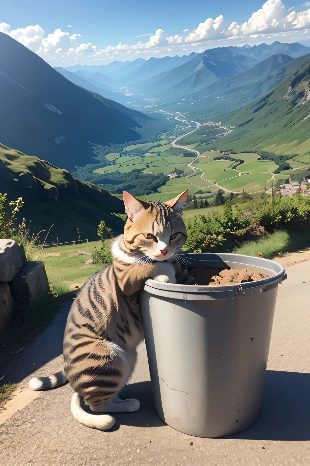 A casual looking cat, sleeping in a trash can, dreaming, school scenery, mountains in the distance, green striped fur, high definition, detailed,