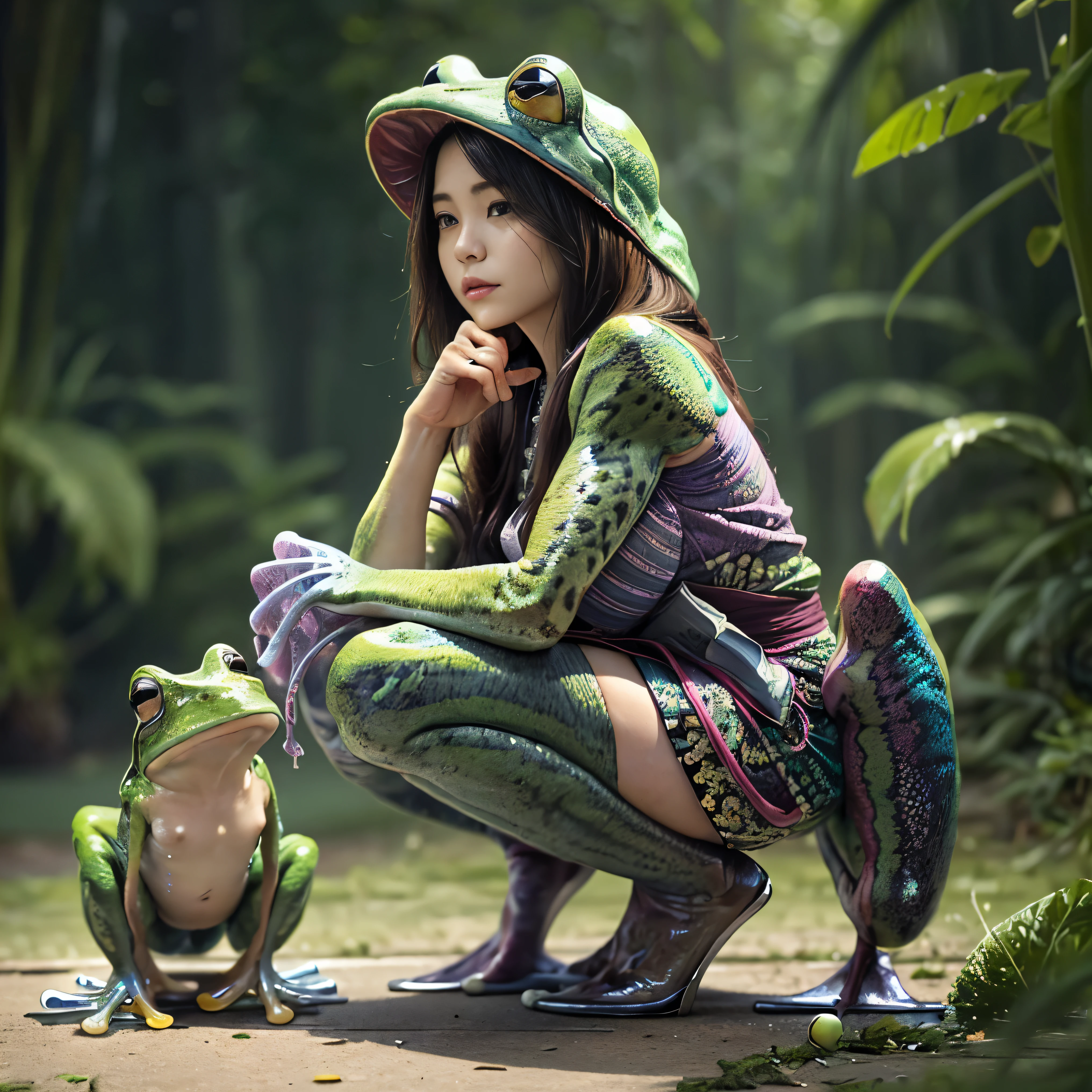 (highest quality、4k、8k、High resolution、masterpiece: 1.2)、Super detailed、(Real、Photorealistic、Photorealistic: 1.37)、Full Body Portrait、media: Fantasy、Horror、Dark Fantasy、Creatures、Hybrid Creatures、(Anatomically correct fingers: 1.4 )、The upper body of a transcendentally beautiful young woman((A hybrid creature with the lower body of a frog: 1.5))、(Squats with legs open:1.5)、Visualization of mythical creatures、yukata、Dark atmosphere、Dim color、Spooky lighting