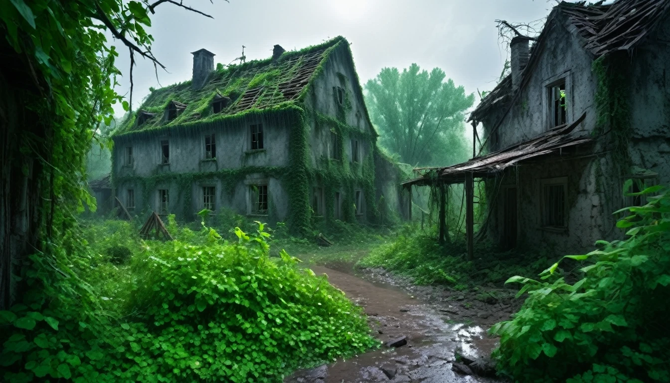 Overgrown abandoned village with overgrowth. Damaged buildings, skeletons strewn about, war torn, light flooding, rain, dark sky, moonlight, forest