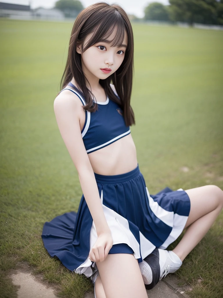 (masterpiece, highest quality:1.4), Award-winning portraits, 8k, 85mm, alone, Beautiful Face, Delicate girl,  (Cheerleader、On the grass), Sophisticated, cute, 15 years old, RAW Photos, Confused, High resolution, Sharp focus, Background blur、(((Flat  、thin and delicate body、Childish atmosphere)))、shiny semi-long hair、ponytail、Mole on the left cheek、 Dark blue eyes、High Kick、the skirt is swaying in the wind、Hair swaying in the wind、sexy、Flexible legs