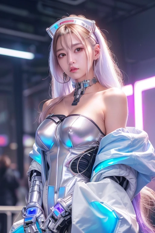 Cyborg Merchant Girl, Cyberpunk Girl, Digital Cyberpunk Art, (Digital Cyberpunk Art), cute、Ultra high definition、masterpiece、correct、Anatomically correct、Textured skin、Very detailed、High detail、high quality、最high quality、High resolution、8k、Raw photo、whole body、Beautiful Teenage Woman、One Japanese woman、Big beautiful eyeedium chest、Brown medium-long hair、(((Wearing a cyberpunk off-the-shoulder shiny metallic white robot nurse outfit)))、((Standing in a cyberpunk nurse's station))、Japanese Girls