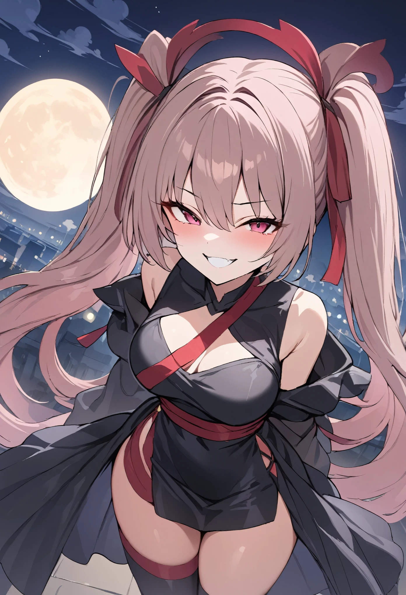 masterpiece, highest quality, detailed, One girl, alone, night sky, Outdoor, full moon, performer, cloud, night,,  (((Dark Sakura))), (Black Dress), Long Hair, Wicked Smile, Red ribbon, Striped, Thighs