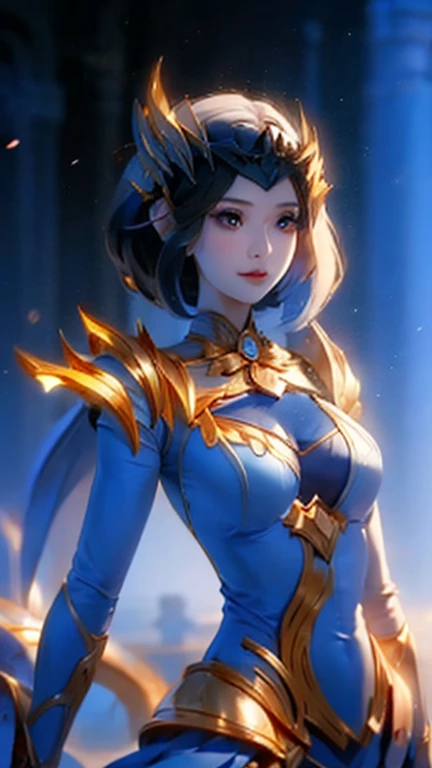 Beautiful Lunox from Mobile legends, gorgeous face, sweet smile, prettiest person, standing alone, perfect body, celestial palace background, front view, she looks at camera, half body picture, perfect anatomy, beautiful scenery, UHD picture, 4K wallpaper, Best Quality Photorealsitic