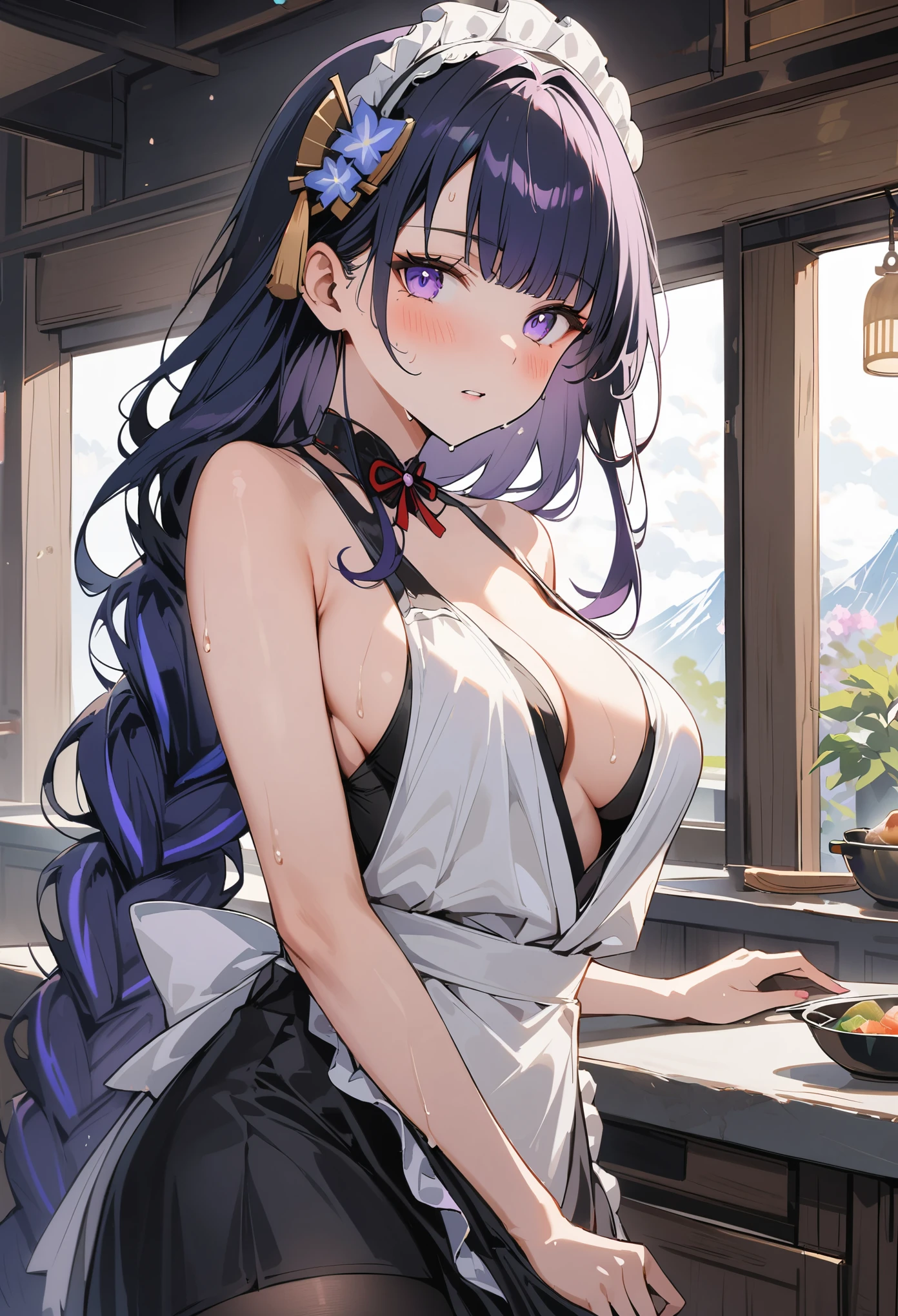 UHD, ccurate, masterpiece, anatomically correct, textured skin, super detail, best quality, 16k, 1080P,SOLO,(1 Female,perfect body,big oppai),(purple long hair with long single braid),(wearing A maid-dress:1.7),(sweating skin:1.7),(Wearing black Silk Stockings:1.7),(Open pose:1.7),(Full blush:1.7),(In Japanes kitchen:1.9)(Genshin Impact/Raiden Shogun),[detail face]