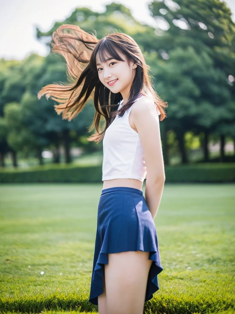 (masterpiece, highest quality:1.4), Award-winning portraits, 8k, 85mm, alone, Beautiful Face, Delicate girl, (Cheerleader、On the grass), Sophisticated, cute, 15 years old, RAW Photos, Confused, High resolution, Sharp focus, Background blur、(((Flat 、thin and delicate body、Childish atmosphere)))、shiny semi-long hair、ponytail、Mole on the left cheek、 Dark blue eyes、High Kick、the skirt is swaying in the wind、Hair swaying in the wind、sexy、Flexible legs