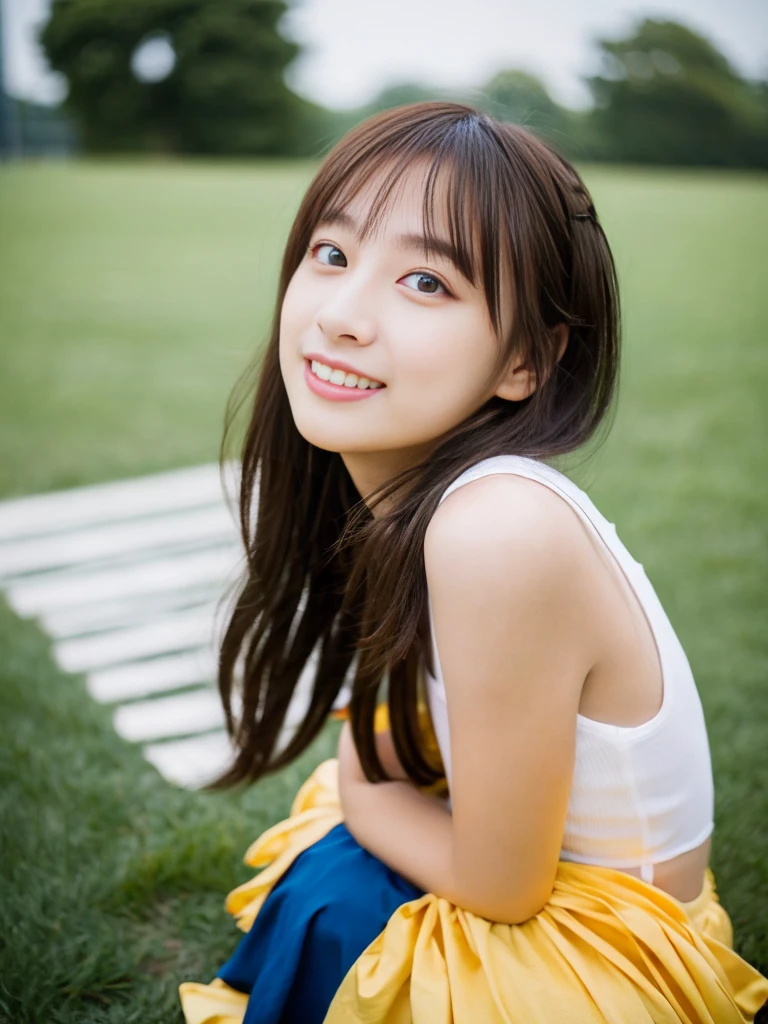 (masterpiece, highest quality:1.4), Award-winning portraits, 8k, 85mm, alone, Beautiful Face, Delicate girl, (Cheerleader、On the grass), Sophisticated, cute, 15 years old, RAW Photos, Confused, High resolution, Sharp focus, Background blur、(((Flat 、thin and delicate body、Childish atmosphere)))、shiny semi-long hair、ponytail、Mole on the left cheek、 Dark blue eyes、High Kick、the skirt is swaying in the wind、Hair swaying in the wind、sexy、Flexible legs