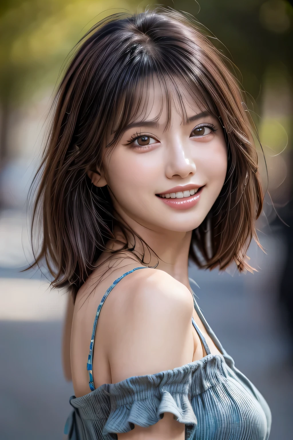 (8k, RAW Photos, highest quality, masterpiece, Realistic, Realistic), (1 female), (Ultimate beauty), Highly detailed face, (Perfect Teeth), Beautiful Eyes, double eyelid, eyelash, smile, Lip details, (Neat brunette bob), The light shines on your face, Big Breasts, ((Colorful mini dresses)), (Front view), (background: none),  Background blur