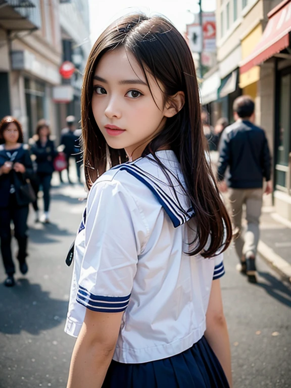 (Tabletop, highest quality:1.2), 8k, Official Art, RAW Photos, Full Board Bill 4、Cute ass、Two cute girls、skinny、14 years、、unbelievably ridiculous, (Upper Body, uniform、Sailor suit:1.4), beautiful girl, Pretty face, lean back,、Gold ornament in hair、close, Sailor suit, Short sleeve, Violet, , street, View your viewers, Film Grain, chromatic aberration, Sharp focus, Face Light, Dynamic Lighting, Cinema Lighting, Eyes and facial details, Bokeh Background,