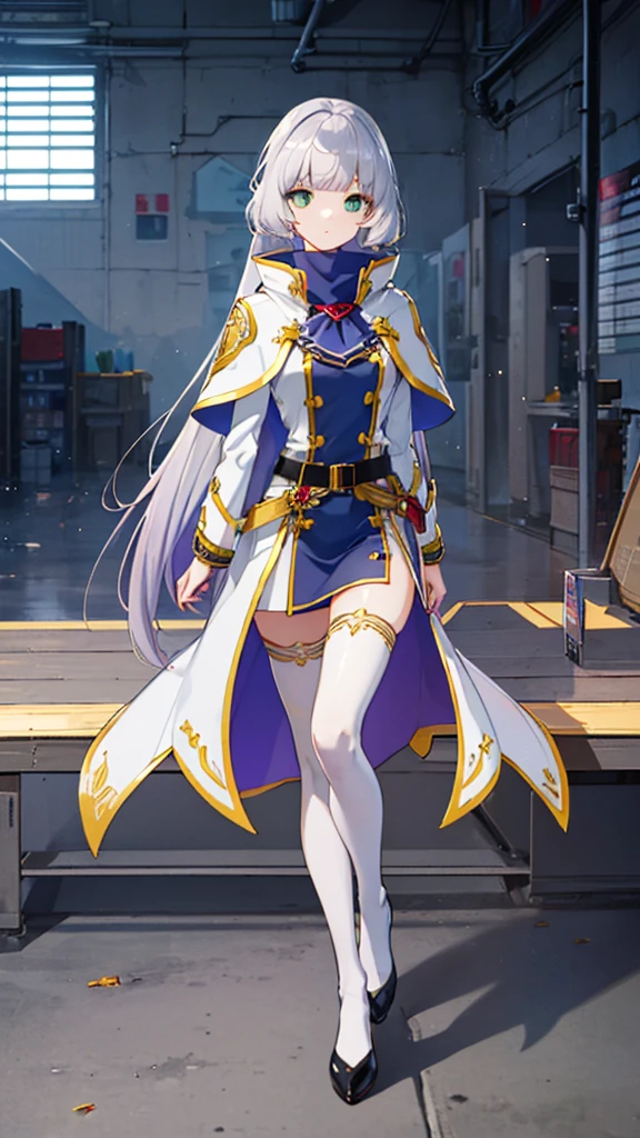 (full body),Stesiawar, (Cesia Auwar:1.5), Long Hair, (Green Eyes:1.5), Gray Hair, Gradient Hair, bangs, blunt bangs, Side Lock, Purple Hair,
break thighhighs, Long sleeve, Have, dress, belt, Black knee socks, zettai ryouiki, Ascot, Capelet,
break looking at viewer, Cowboy Shot,
break indoors,
break (masterpiece:1.2), highest quality, High resolution, unity 8k wallpaper, (figure:0.8), (Beautiful fine details:1.6), Highly detailed face, Perfect lighting, Highly detailed CG, (Perfect hands, Perfect ???????),