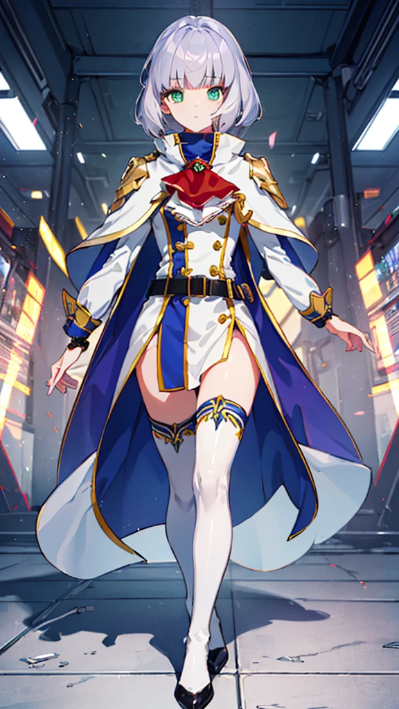 (full body),Stesiawar, (Cesia Auwar:1.5), Long Hair, (Green Eyes:1.5), Gray Hair, Gradient Hair, bangs, blunt bangs, Side Lock, Purple Hair,
break thighhighs, Long sleeve, Have, dress, belt, Black knee socks, zettai ryouiki, Ascot, Capelet,
break looking at viewer, Cowboy Shot,
break indoors,
break (masterpiece:1.2), highest quality, High resolution, unity 8k wallpaper, (figure:0.8), (Beautiful fine details:1.6), Highly detailed face, Perfect lighting, Highly detailed CG, (Perfect hands, Perfect Anatomy),