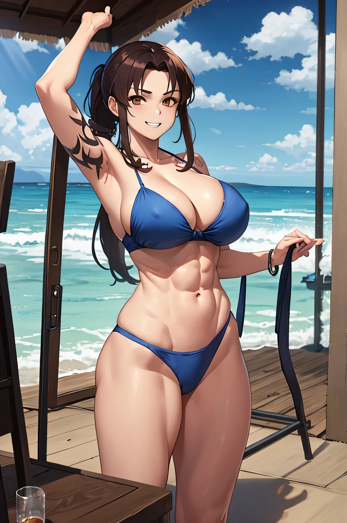 (masterpiece、highest quality:1.2)、solo、Anime Women、revue、Grin、Watching the audience、Are standing、Long brown hair、Brown eyes、ponytail、V-shaped eyebrow hair、Blue Bikini、collarbone、bikini top with an blue、bikini bottom with an blue、Strong muscles、in a triangle bikini、Big Breasts、A woman with very large breasts、cleavage、Muscular and strong、Tattoo on the right shoulder、Tall Woman、Toned body、Muscular Woman、Ocean、Ocean Shore、sunset、 