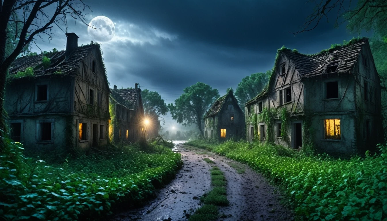 Overgrown abandoned village with overgrowth. Damaged buildings, skeletons strewn about, war torn, light flooding, rain, dark sky, moonlight, forest
