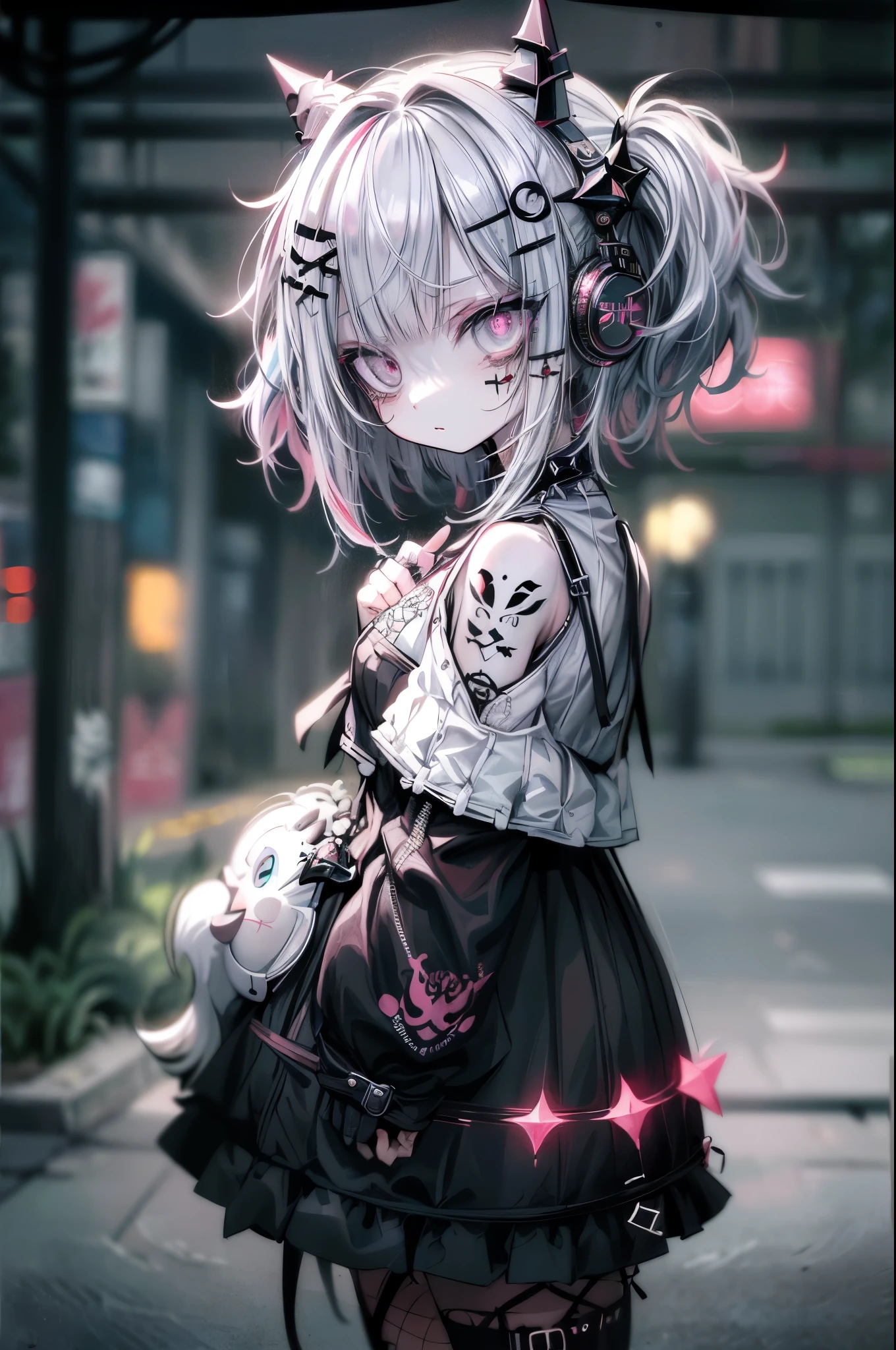 straight hair Punk girl.Tattoo, Headphones, 🎧, Goth_punk, One Girl, alone, Medium Shot, ((at night)), Out of focus Depth of field, Neon Light, Rainbow Eyes, Grey Eyes, red glowing hair, Black eyebrows, Radiant hair, (iridescent red hair), たくさんのイヤリンG, Labret, Facial piercing, 前hair, jewelry, mask, blunt 前hair, 口mask, Blurred background, Blurred, hair adornments, Look at the viewers, short hair, Portraiture, Side Look, Goth, (masterpiece), (Portraiture), (beautiful), (beautiful), (Upper Body), (high quality), (beautiful衣服), (Professional Perspective), (Rule of thirds), (feminine), (woman), (beautiful), (feminine features), (16 years old), woman1名, (Charming punk girl), Dramatic Light, ((I'm playing the guitar)), (Are standing), anddgy makeup, (shapely massive chest), (Front Face), (Resistance的な表情), ((Resistance)), (レザージャケットとTattoo), ((Short hair)), (dyed (and.G. and pink) hair), (spiky hair), (Thick hair), Matte shine hair, (Hair bands scattered in the hair), (Grey Eyes), (bold look), (Whitening skin), (Band T-shirts), (Ripped jeans), ((Urban alley background)), (Close-up shot), beautiful hands, both hands, Normal hand, Two Arms, Complete Hand, beautiful body, beautiful fingers, Normal finger, Five Fingers, Five Fingers, (Thumb Index Finger Ring Finger), beautiful ears, Normal ear, beautiful eyes, Shining Eyes, beautiful mouth, beautiful lips,(Sit on a chair:1.3)