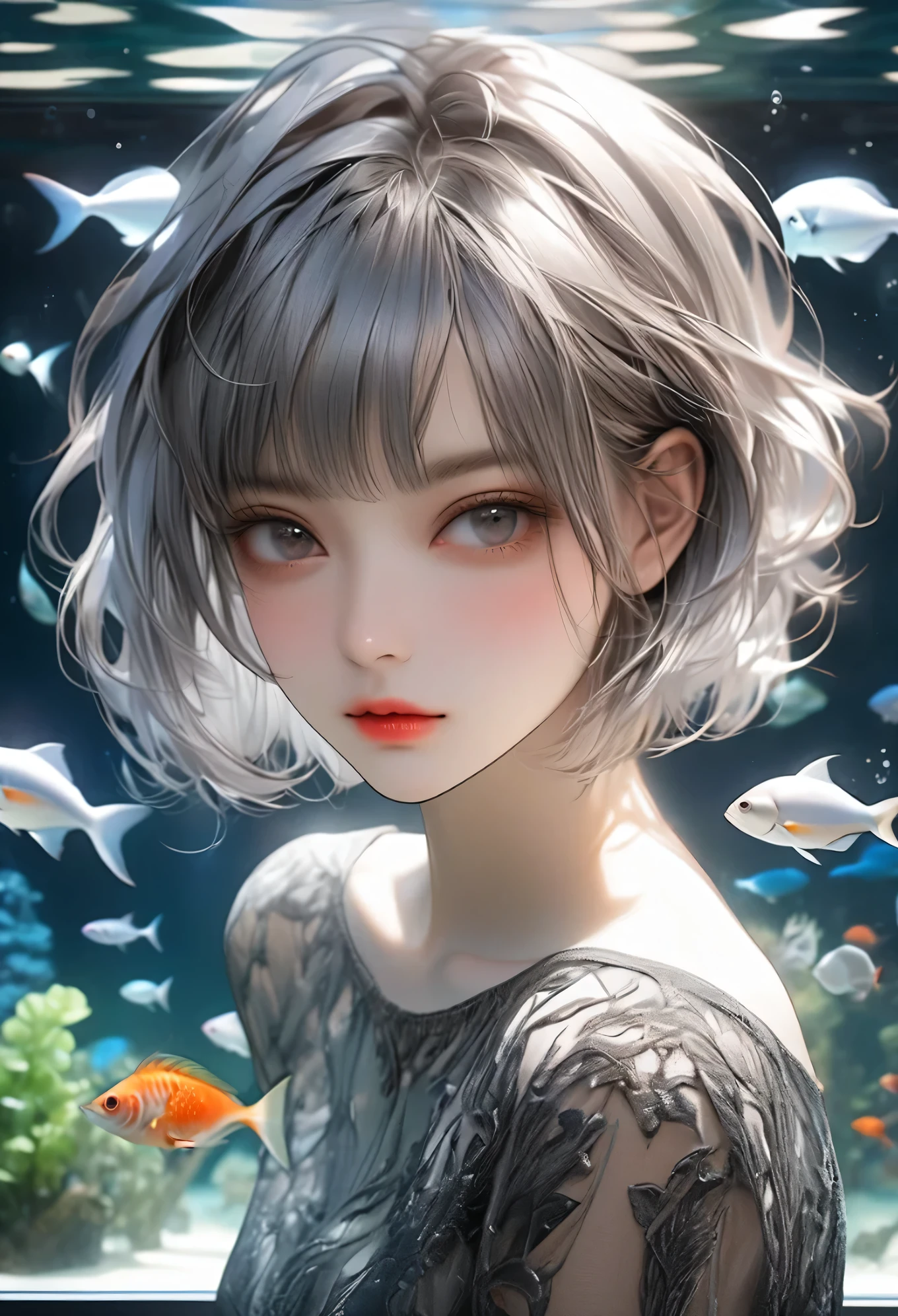 masterpiece, highest quality, 16k, unbelievably absurd, very detailed, perfect beauty, beautiful cute girl, in a beautiful pose, modern sauvage bob hair, through bangs, row photo, portrait, aquarium