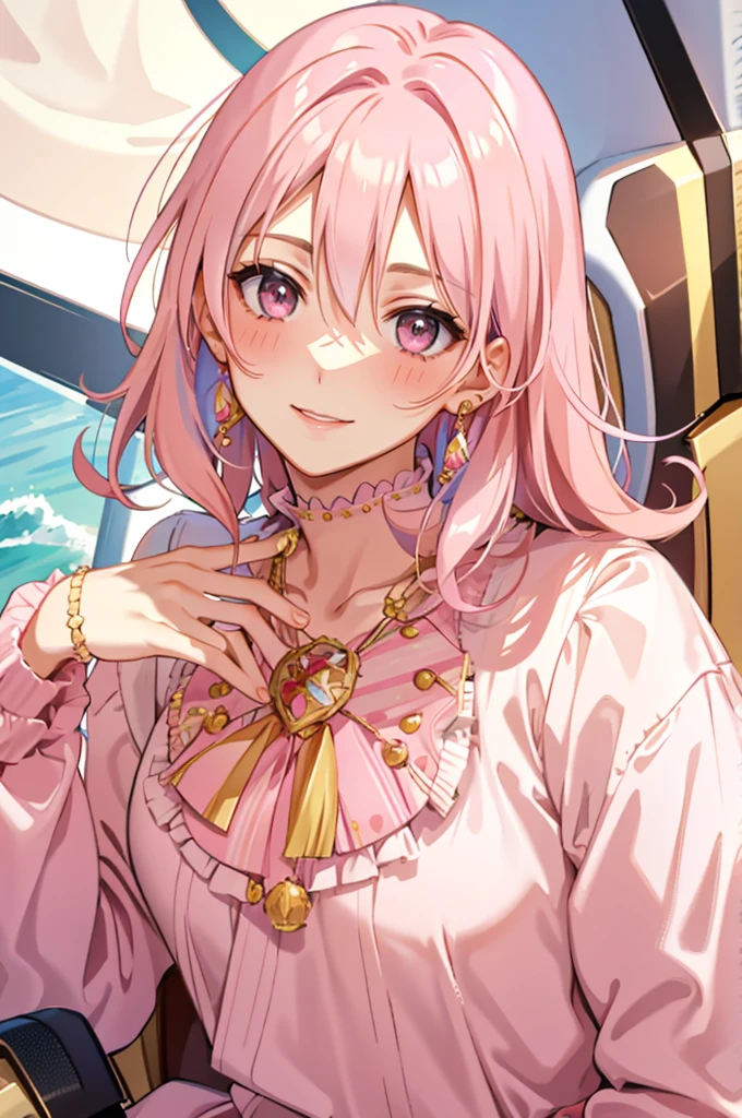 solo, pink hair, peach eyes, sweet smile, subtle blush, large chest