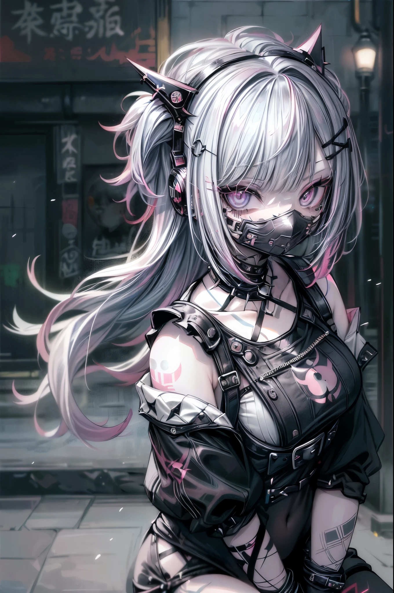 straight hair Punk girl.Tattoo, Headphones, 🎧, Goth_punk, One Girl, alone, Medium Shot, ((at night)), Out of focus Depth of field, Neon Light, Rainbow Eyes, Grey Eyes, red glowing hair, Black eyebrows, Radiant hair, (iridescent red hair), たくさんのイヤリンG, Labret, Facial piercing, 前hair, jewelry, mask, blunt 前hair, 口mask, Blurred background, Blurred, hair adornments, Look at the viewers, short hair, Portraiture, Side Look, Goth, (masterpiece), (Portraiture), (beautiful), (beautiful), (Upper Body), (high quality), (beautiful衣服), (Professional Perspective), (Rule of thirds), (feminine), (woman), (beautiful), (feminine features), (), woman1名, (Charming punk girl), Dramatic Light, ((I'm playing the guitar)), (Are standing), anddgy makeup, (shapely massive chest), (Front Face), (Resistance的な表情), ((Resistance)), (レザージャケットとTattoo), ((Short hair)), (dyed (and.G. and pink) hair), (spiky hair), (Thick hair), Matte shine hair, (Hair bands scattered in the hair), (Grey Eyes), (bold look), (Whitening skin), (Band T-shirts), (Ripped jeans), ((Urban alley background)), (Close-up shot), beautiful hands, both hands, Normal hand, Two Arms, Complete Hand, beautiful body, beautiful fingers, Normal finger, Five Fingers, Five Fingers, (Thumb Index Finger Ring Finger), beautiful ears, Normal ear, beautiful eyes, Shining Eyes, beautiful mouth, beautiful lips,(Sit on a chair:1.3)