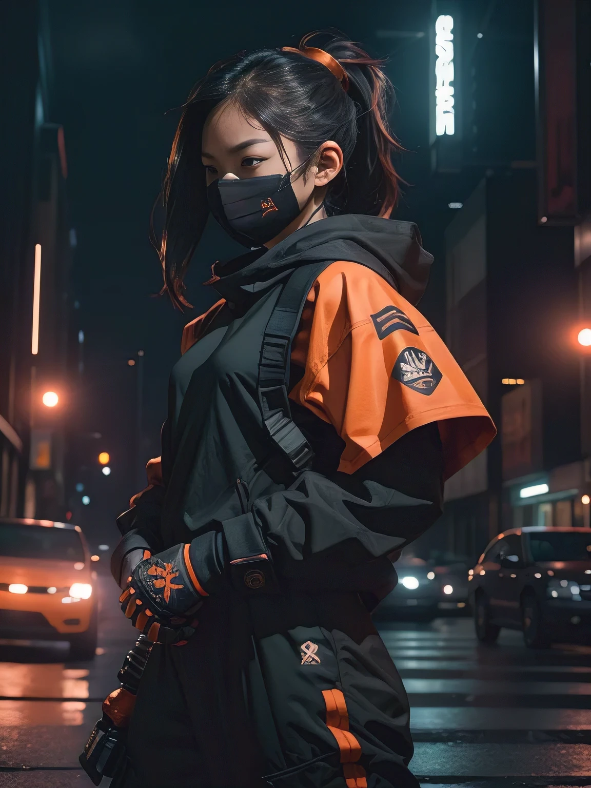 streetwear, ninja, a young woman in fighting pose, professional studio light, front and rim light, serious face, mask, nighttime, 35mm lens, establishing shot, pastel color grading, depth of field cinematography effect, 8k resolution, high quality, ultra detail, orange detail