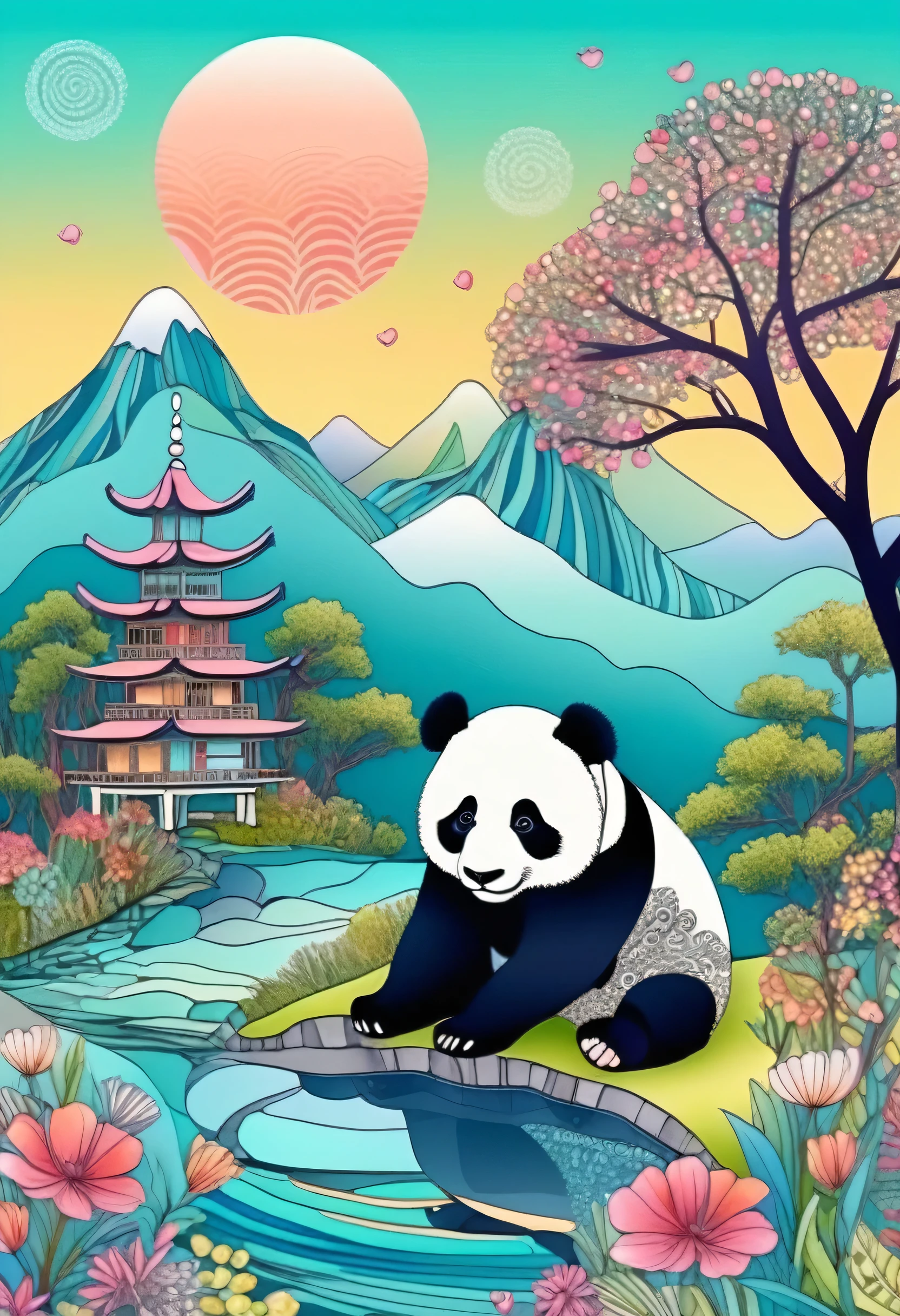 Mariya Pastel Tone, (Zentangle Landscape:1.4), Dancing Panda、Detailed Description、Ultra high definition、