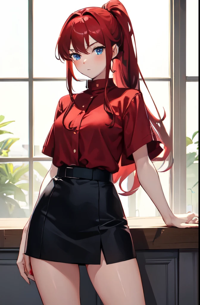 Girl, red hair, ponytail hairstyle, blue eyes, size 2 breasts, height 170 centimeters, 18 years old, beautiful, anime style, girl in a sexy pose, dressed in a miniskirt, blouse, wet clothes.
