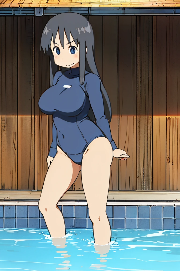 Kyoto animation, female, long hair, black hair, dark blue eye, cute face, thick eyebrows, big breast, sexy butt, slim body, atletic, sexy thigs, closed swimsuit, swimming in the swimming pool, smile, 18 old
