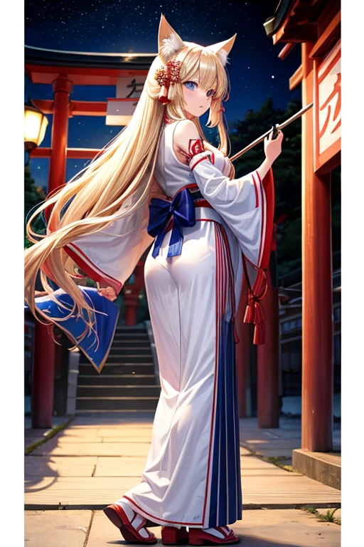 Long blond man　Kemomimi　Blue Eyes　Shrine maiden costume with fan in hand　Back view　Turning around　Dancing　Domestic　torii　night　Fox fire all around　