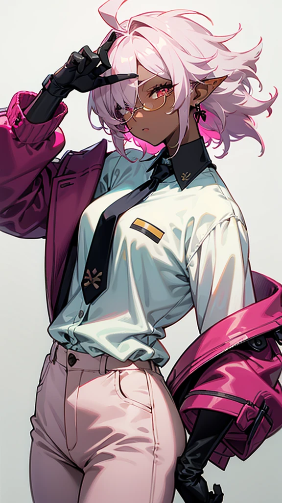 1 woman, adult, ((dark skinned woman, hair over the one eye)), white hair, pink hair, colorful hair, messy hair, yellow eye, (glasses), (tailored jacket, white shirt, short pants), black tie, cleavage, earring, less light, dynamic pose, hand gesture, (masterpiece), from side, pointy ears, (off shoulder), leather gloves, Unbuttoning gesture
