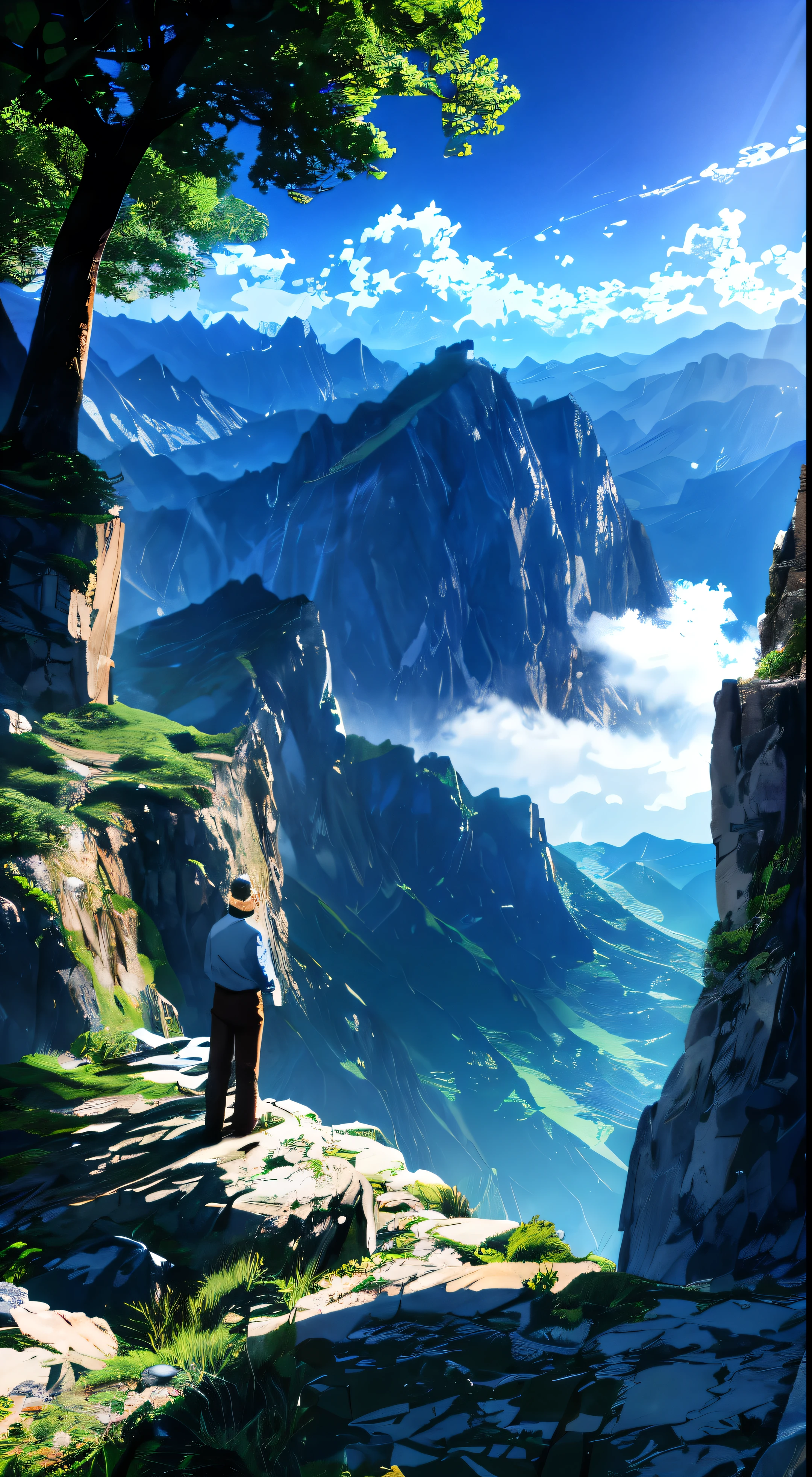 there is a man standing on a rock looking out over the mountains, on the top of a mountain, on top of a mountain, looking at the mountains, at the top of a mountain, in mountains, standing atop a dusty mountaintop, man standing facing away, standing alone, standing on mountain, sitting on rocks, high in mountains(man seeing greenery view)(bright blue shinning sky)(borkeh effect)