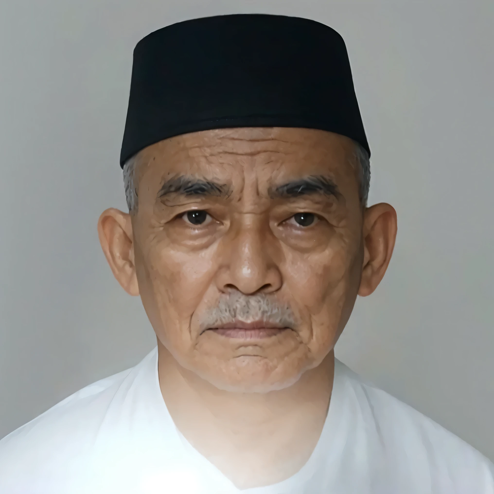 Potrait a grandfather with black covered head wearing a white shirt