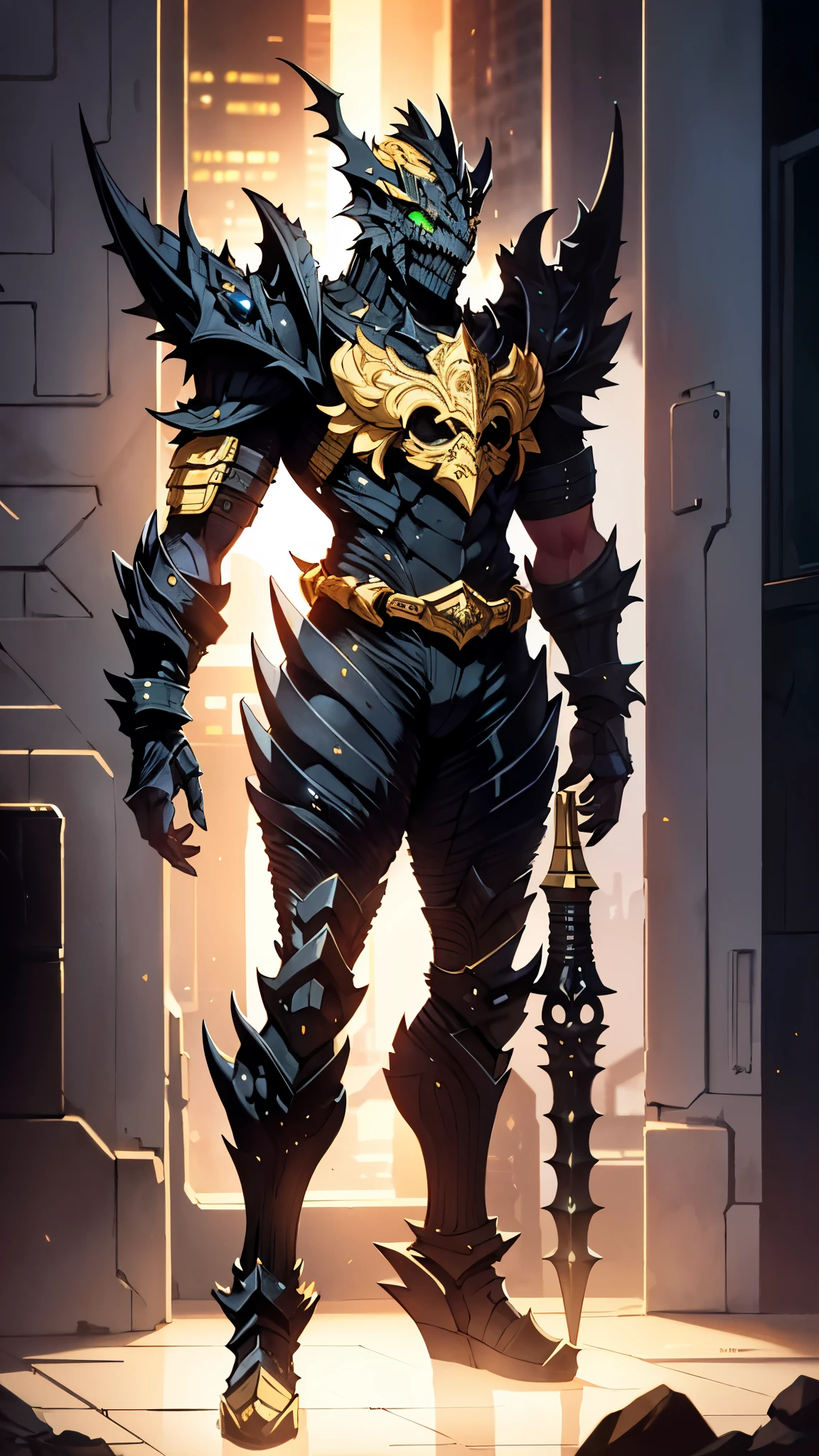 A man wearing a full-face helmet, a fantasy-style biotech armored combat suit, green eyes, (a composite layered chest armor), fully enclosed shoulder guards, matching arm and leg guards, the belt is adorned with dragon claw grasping orbs, (primarily black with red accents), the design balances heavy with agility, a high-tech bio-mecha armor, (lion concept Armor, stand on the top of a skyscraper in a futuristic sci-fi city), this character embodies a finely crafted fantasy-surreal style armored hero in anime style, exquisite and mature manga art style, (element, plasma, energy, the armor glows), ((male:1.5)), metallic, real texture material, dramatic, high definition, best quality, highres, ultra-detailed, ultra-fine painting, extremely delicate, professional, perfect body proportions, golden ratio, anatomically correct, symmetrical face, extremely detailed eyes and face, high quality eyes, creativity, RAW photo, UHD, 32k, Natural light, cinematic lighting, masterpiece-anatomy-perfect, masterpiece:1.5